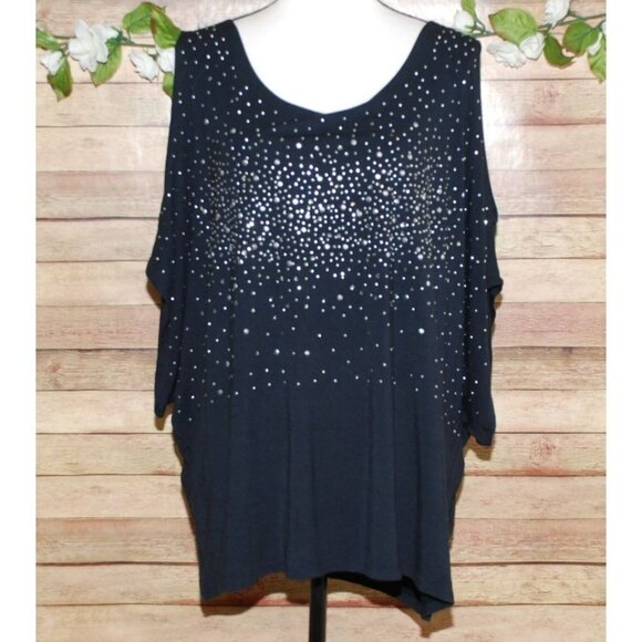 Venus Womens Black Studded Open Shoulder Blouse Top Size 3X Stretch Short Sleeve - Picture 1 of 9
